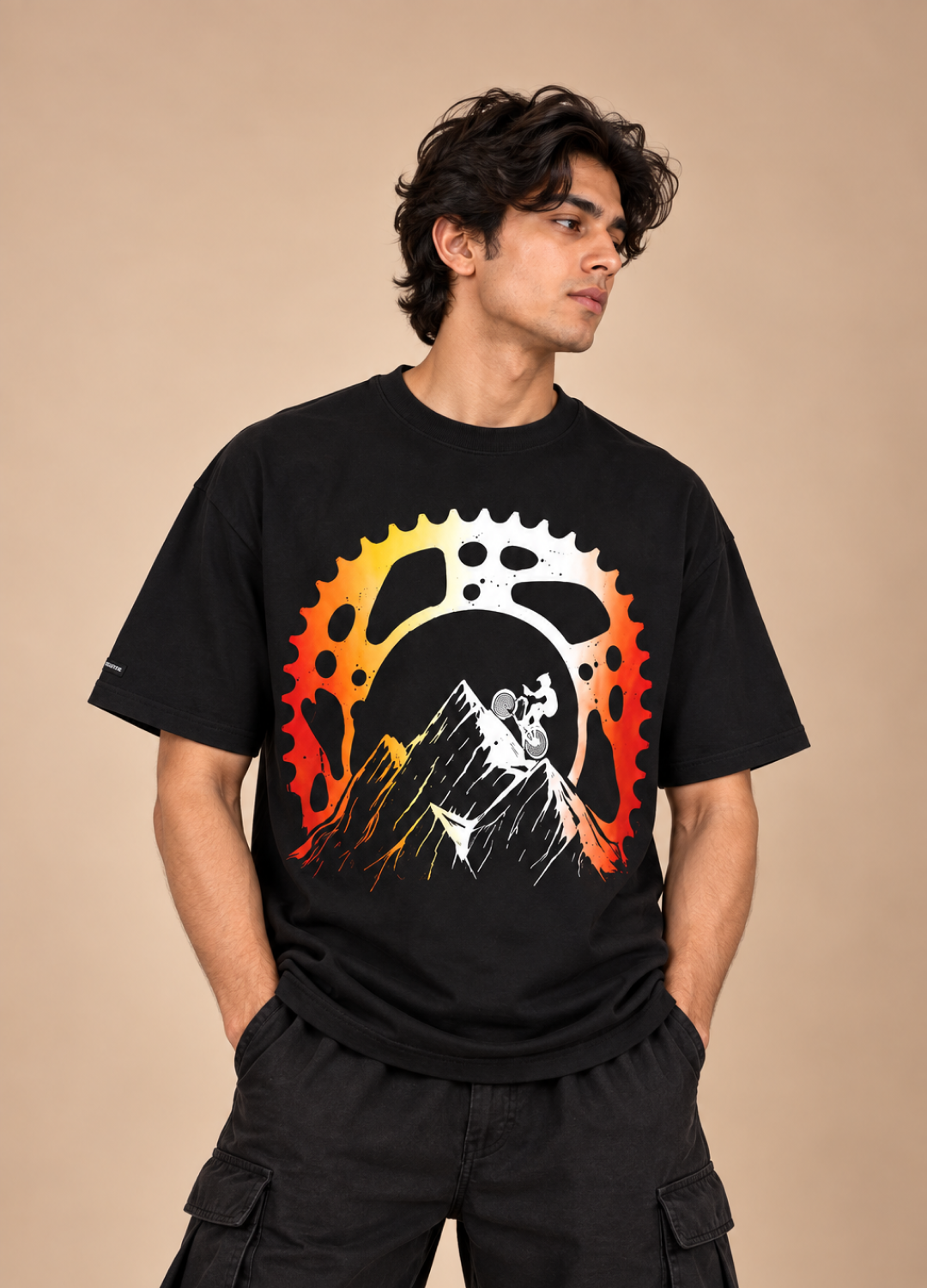 Bike on Mountain Black Printed Oversized T-Shirt