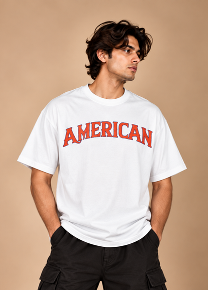 American in White Printed Oversized T-Shirt
