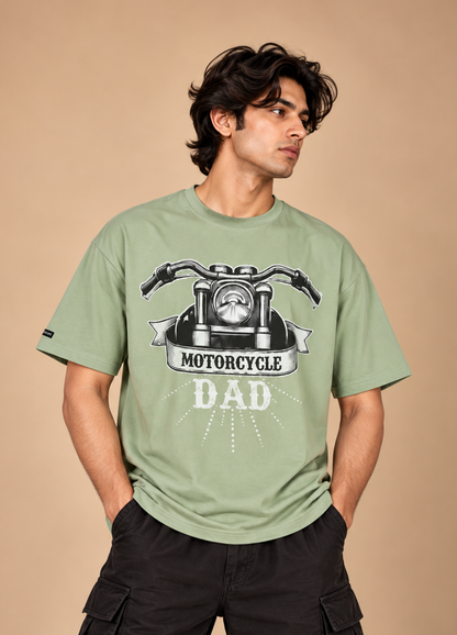 Motorcycle Dad Green Printed Oversized T-Shirt